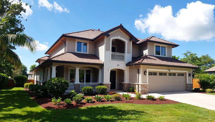 Dark seamless gutters and downspouts installed on a large multi-level home with a brown tile roof
