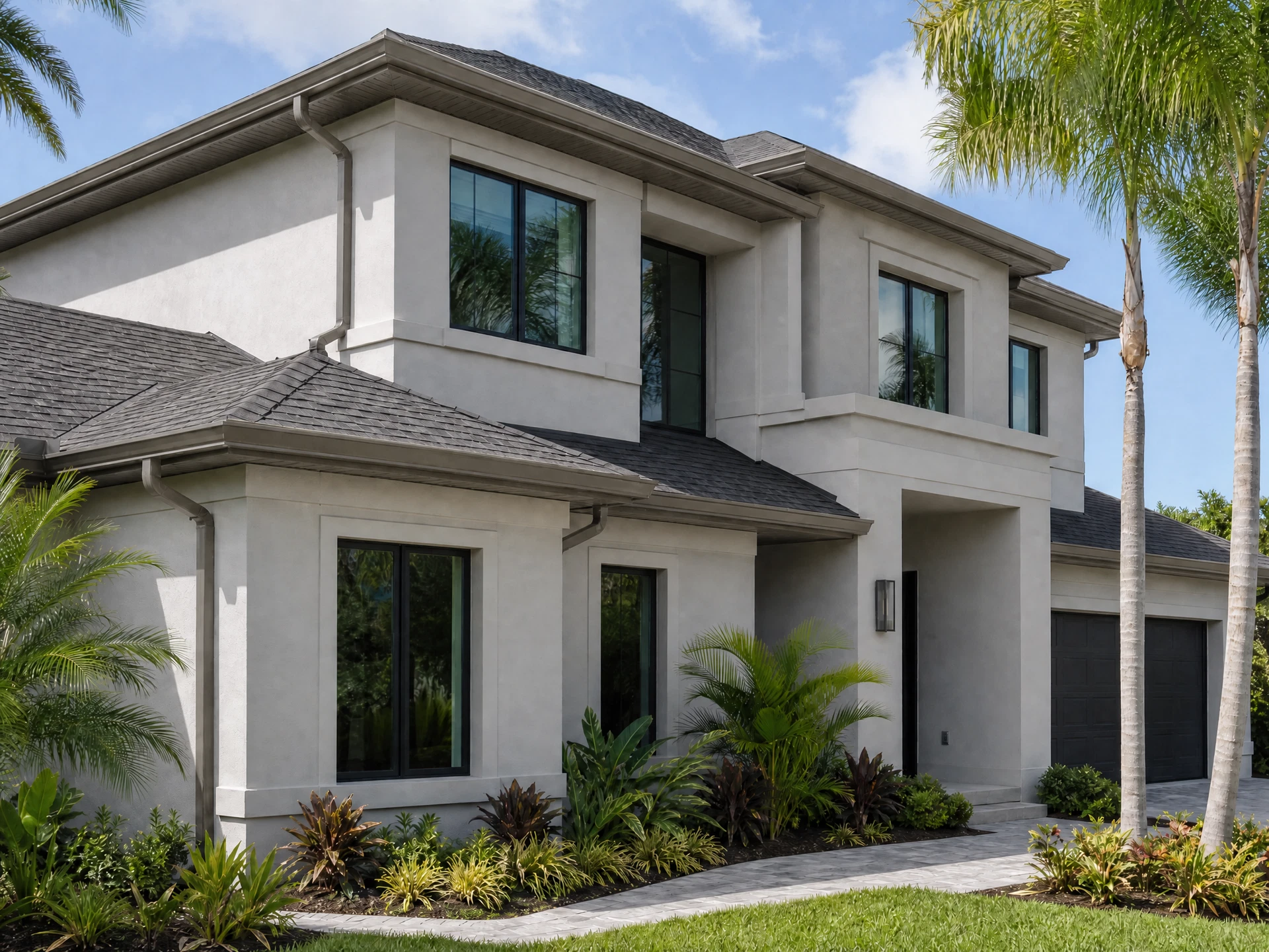 Conceptual Florida home preview with Clay seamless gutters and downspouts