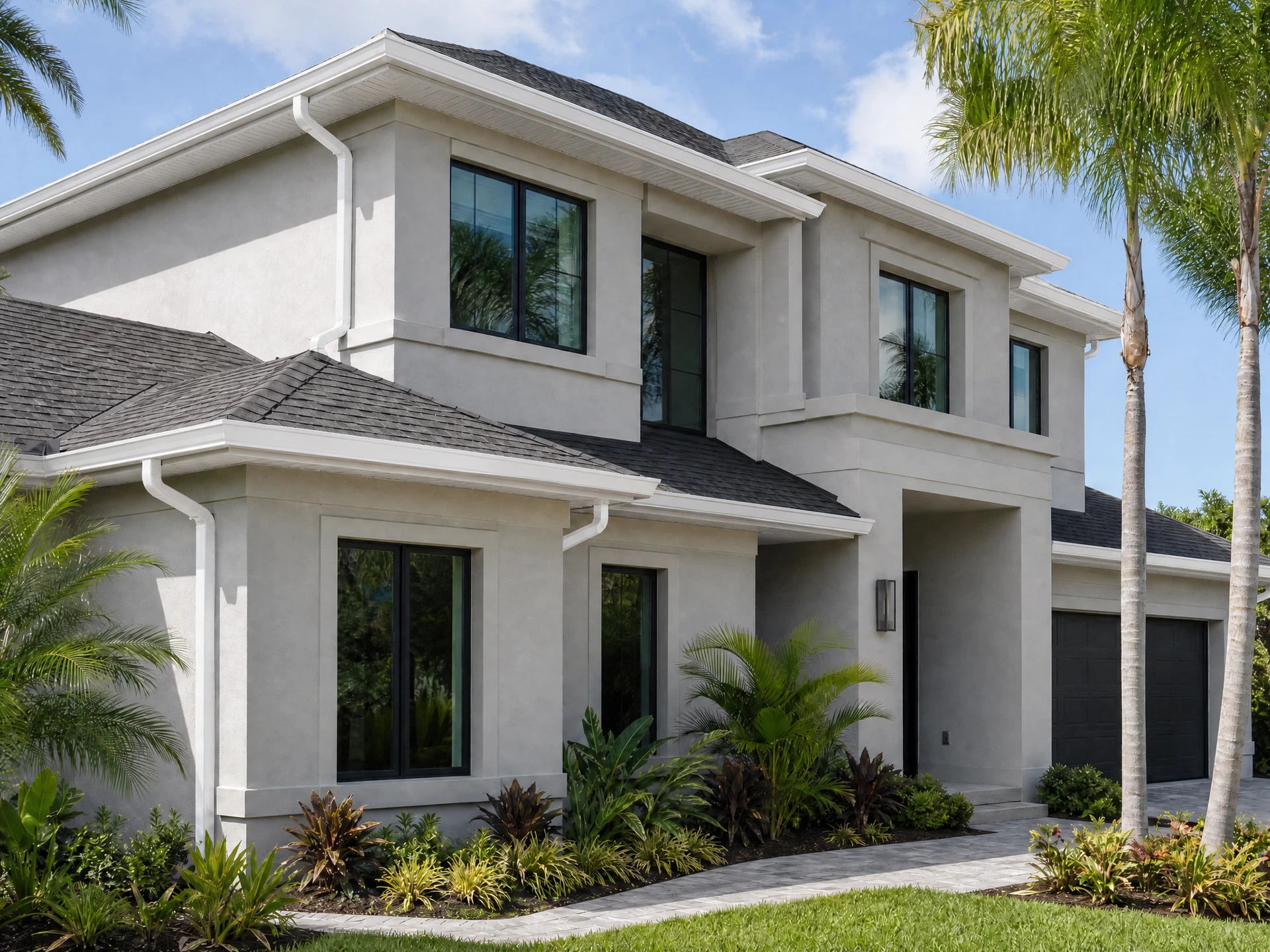 Conceptual Florida home preview with White 80° seamless gutters and downspouts